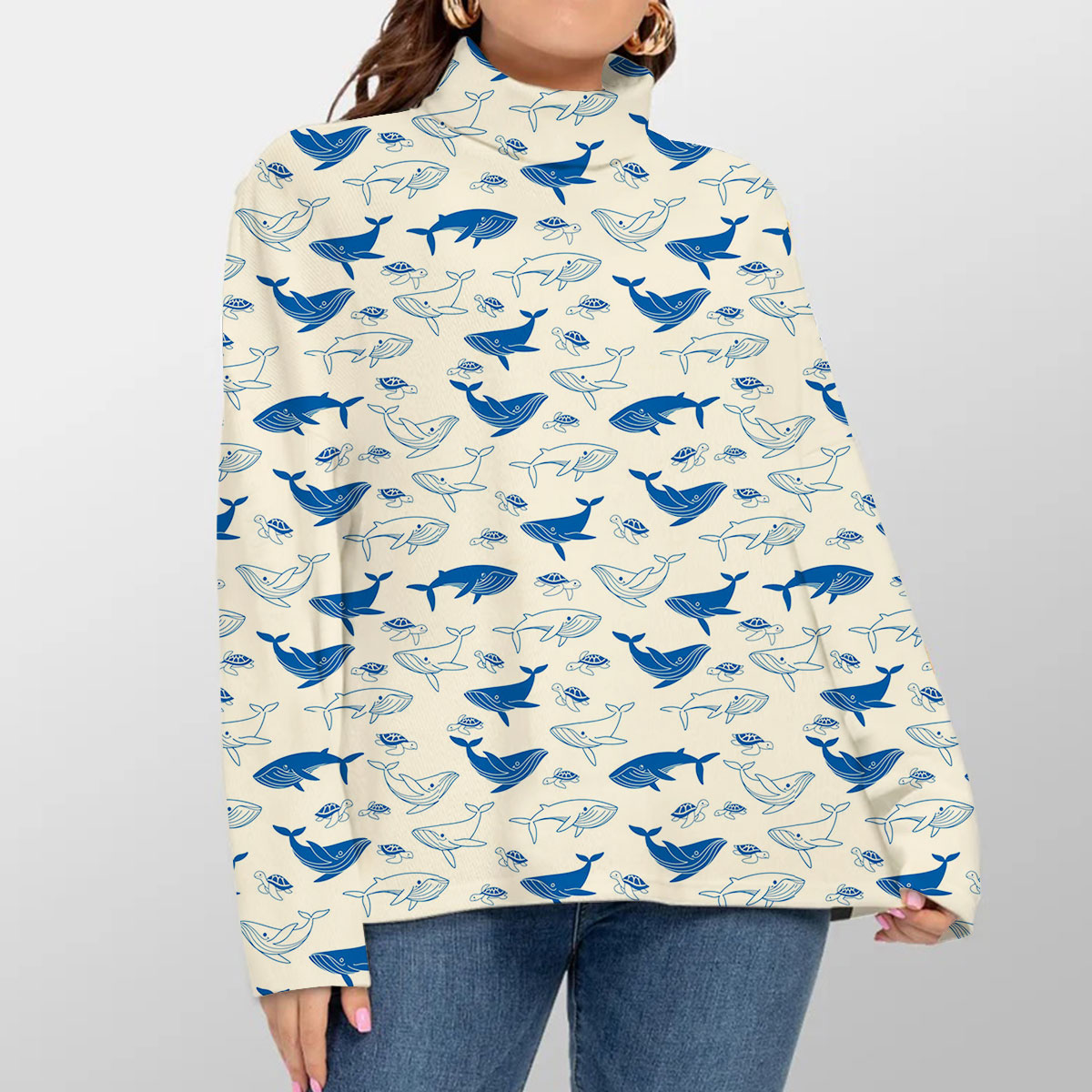 Blue Whale And White Turtleneck Sweater