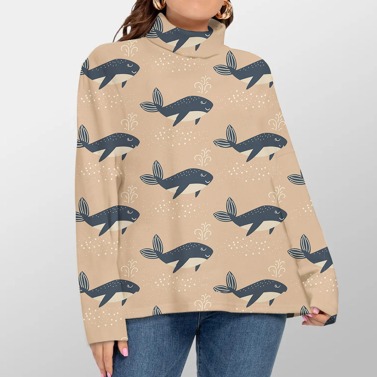 Blue Whale On Brown Turtleneck Sweater