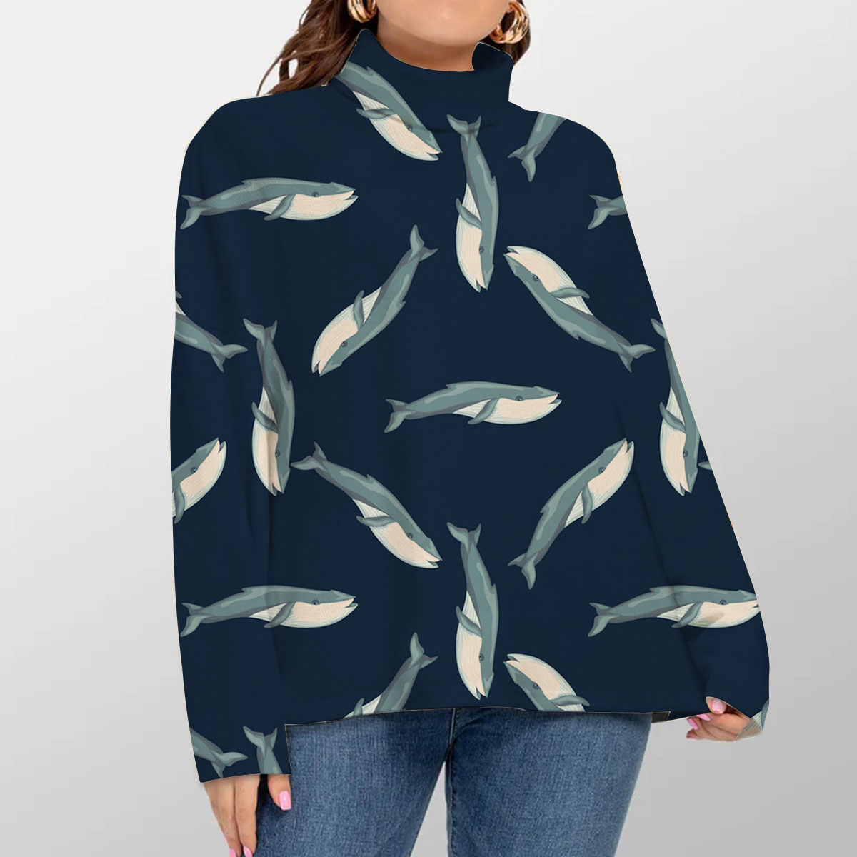 Blue Whale On Dark Turtleneck Sweater