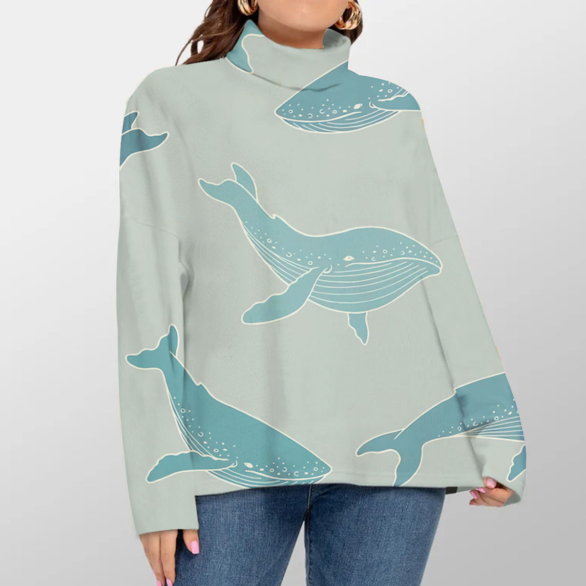 Blue Whale On Grey Turtleneck Sweater