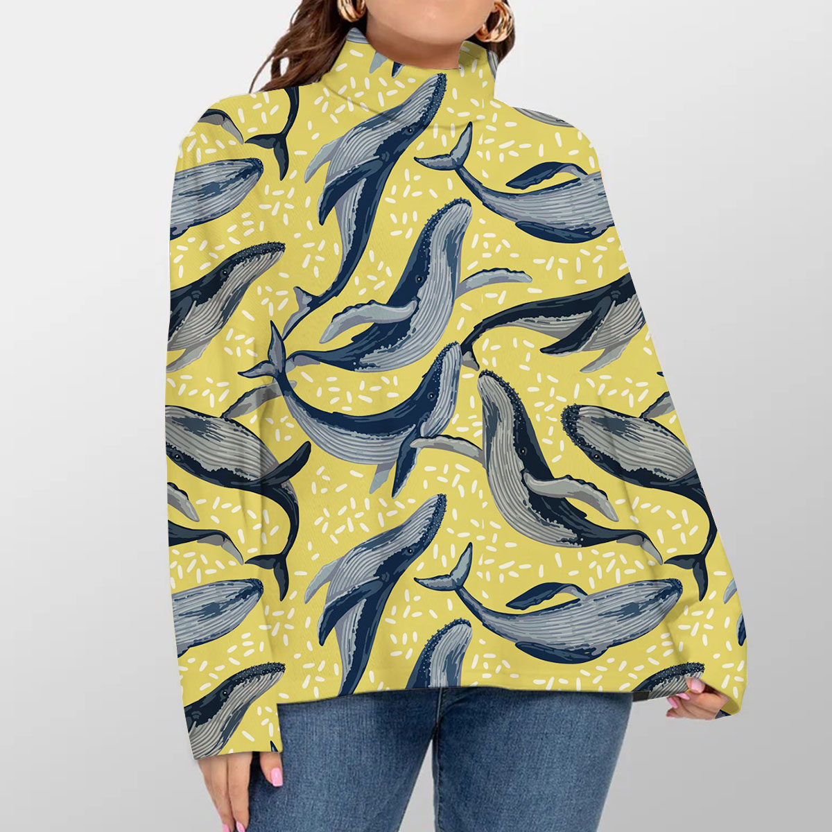 Blue Whale On Yellow Turtleneck Sweater
