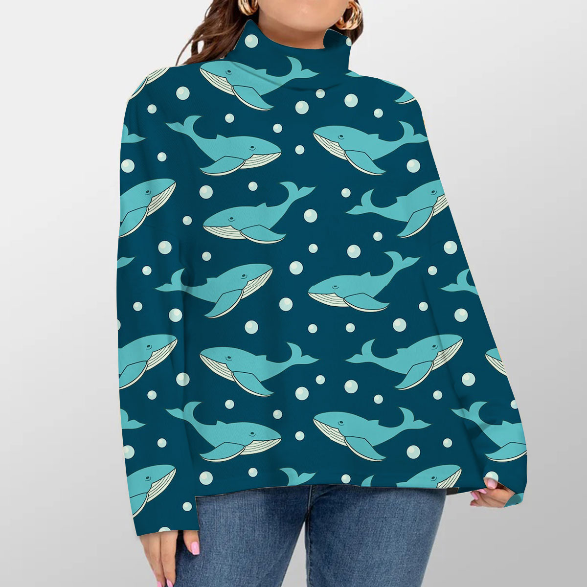 Bubble Blue Whale Monogram Turtleneck Sweater