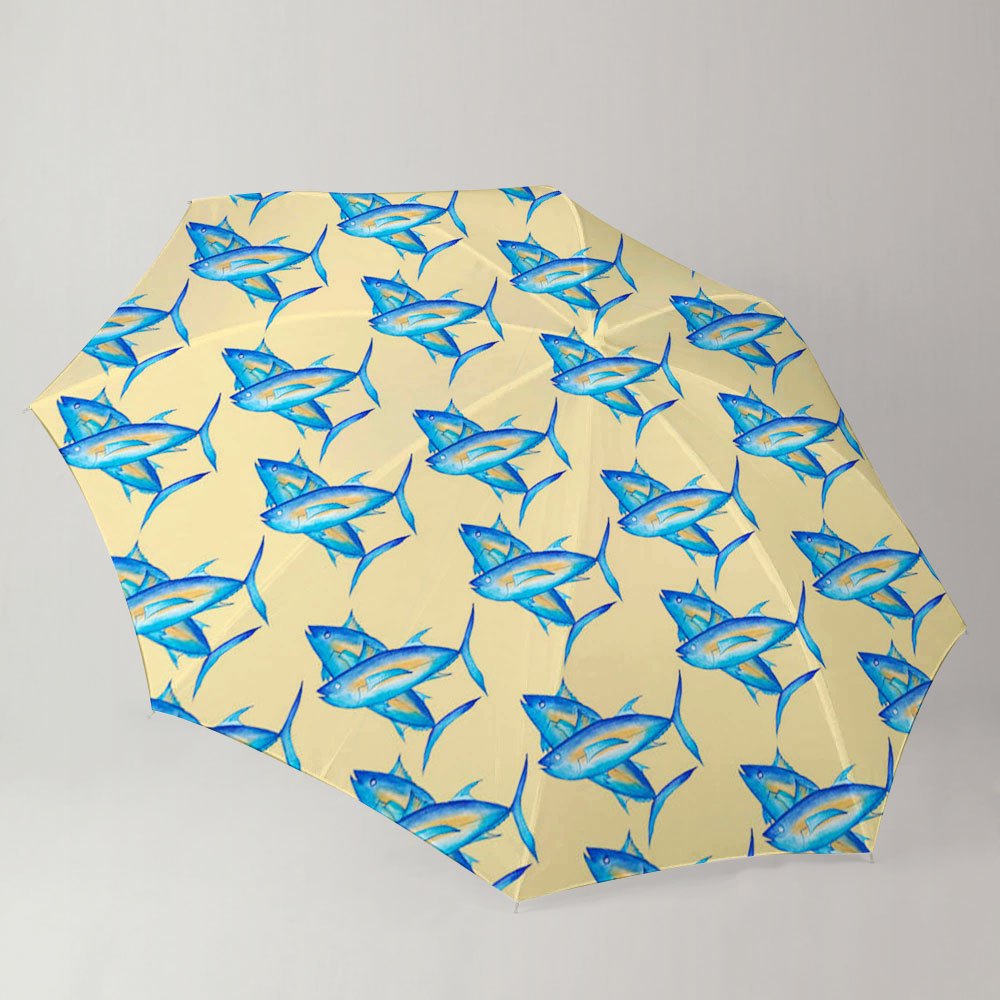 Blue Tuna Fish On Yellow Monogram Umbrella