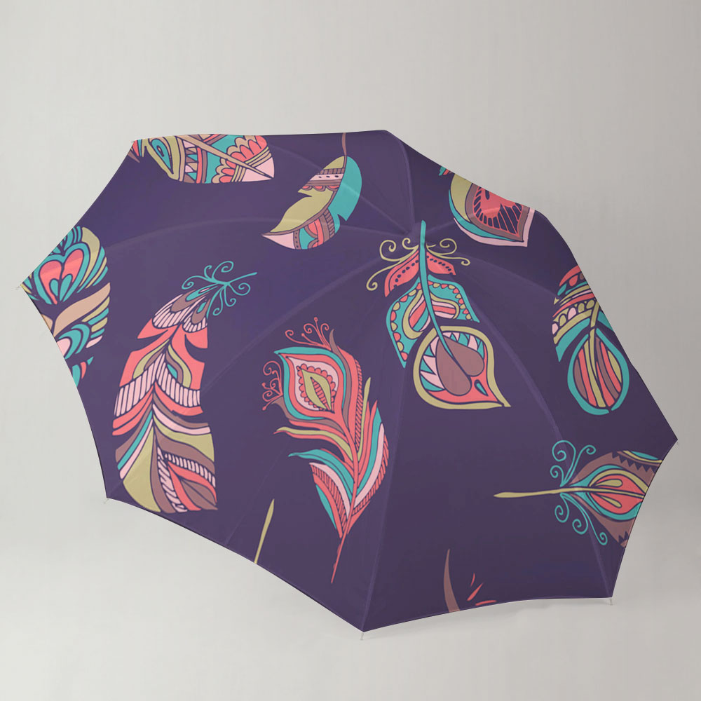 Bohemian Style Feathers On Dark Blue Umbrella