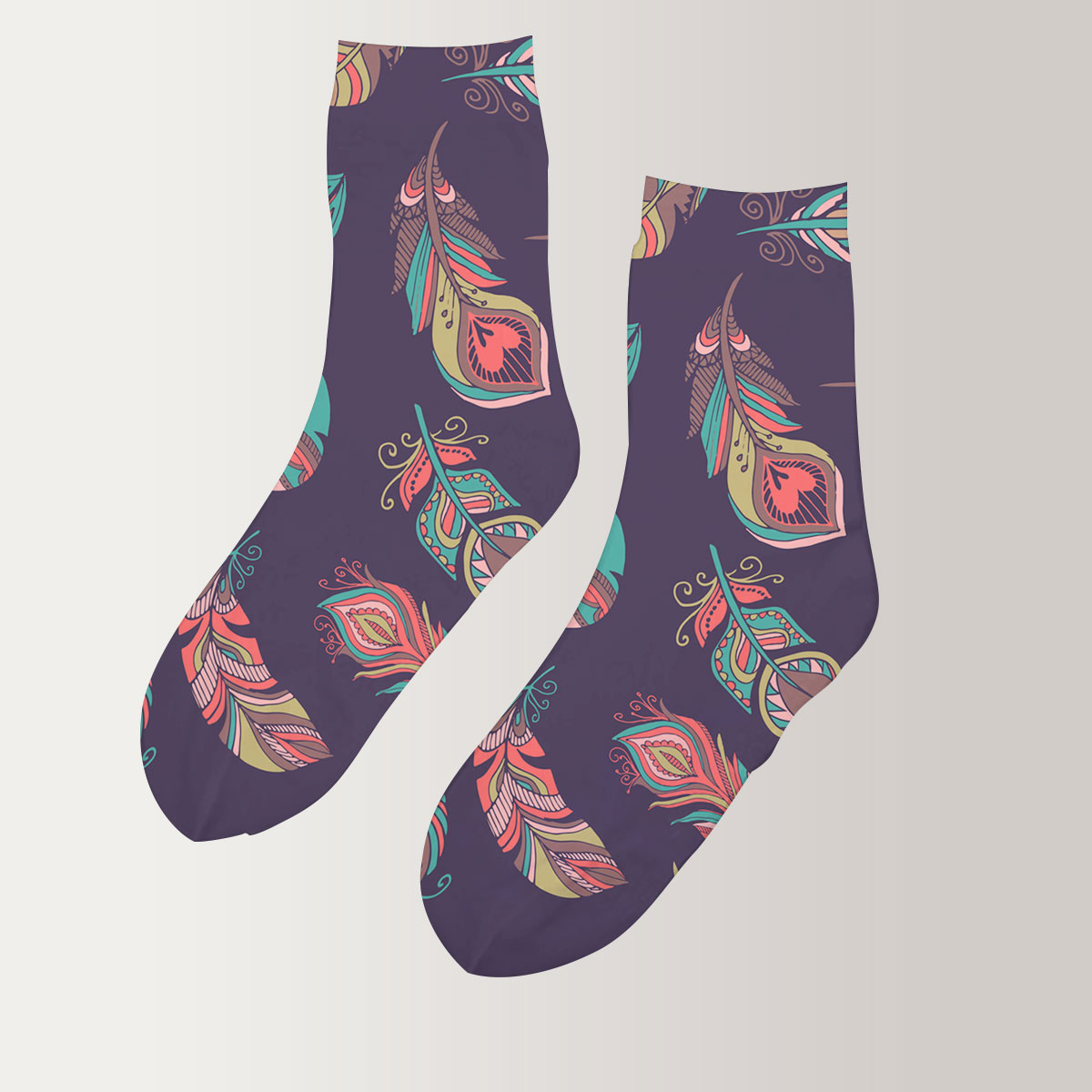Bohemian Style Feathers On Dark Blue 3D Socks