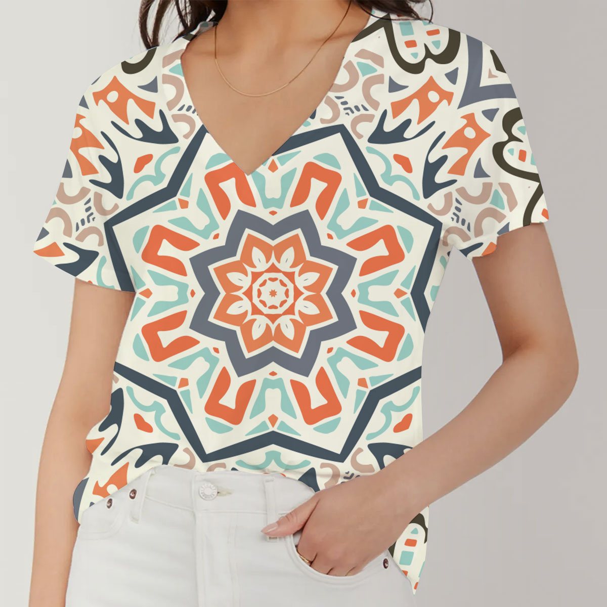 Abstract Geometric Tiles Bohemian V-Neck Women's T-Shirt
