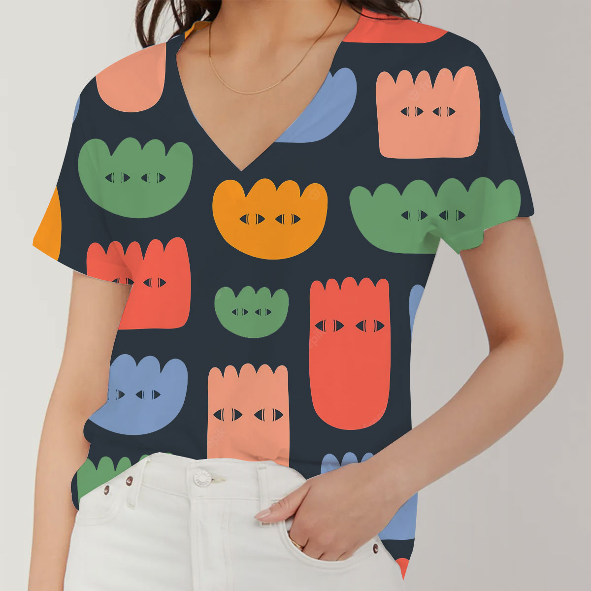 Abstract Minimal With Colorful Various Strange Flowers V-Neck Women's T-Shirt