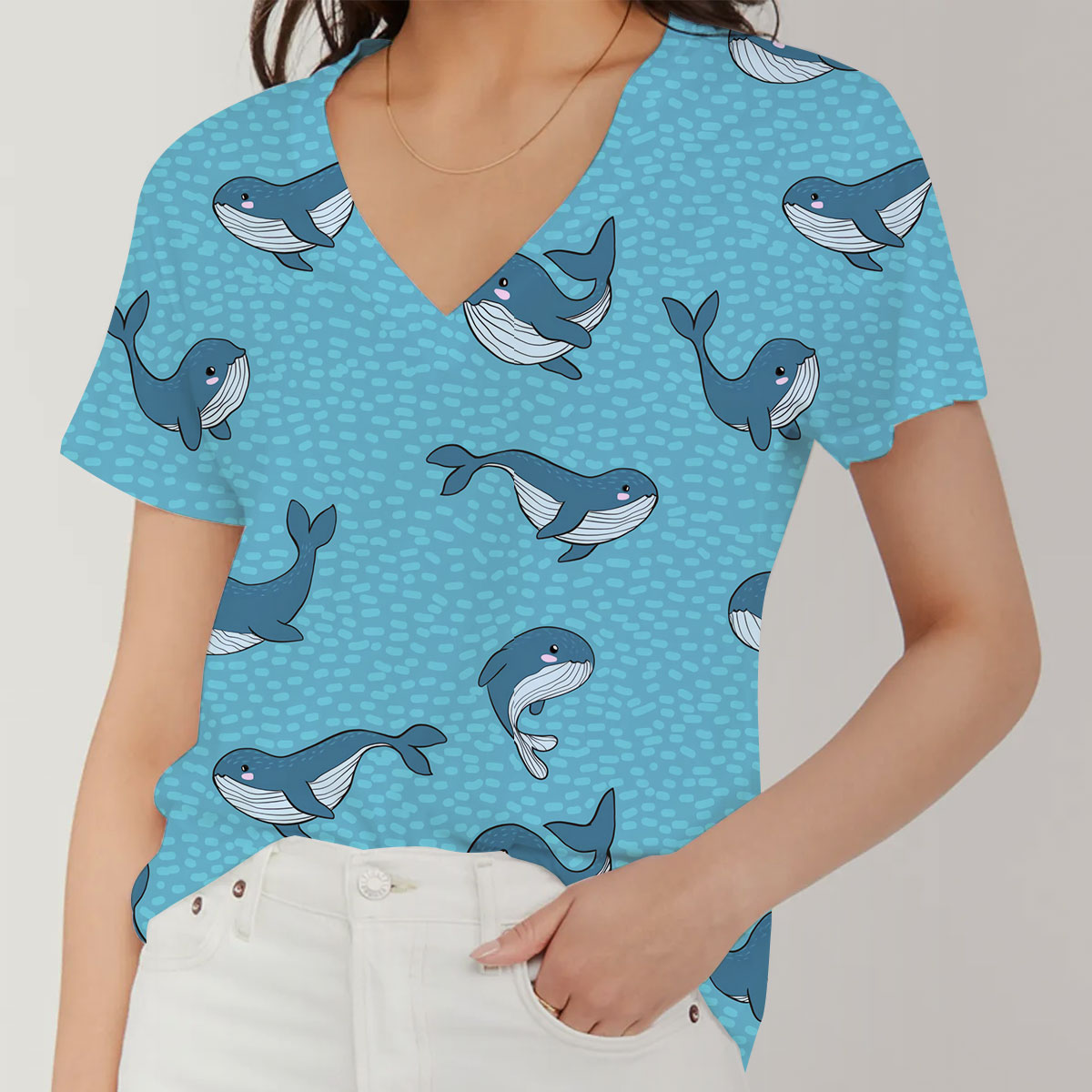 Adorable Blue Whale V-Neck Women's T-Shirt