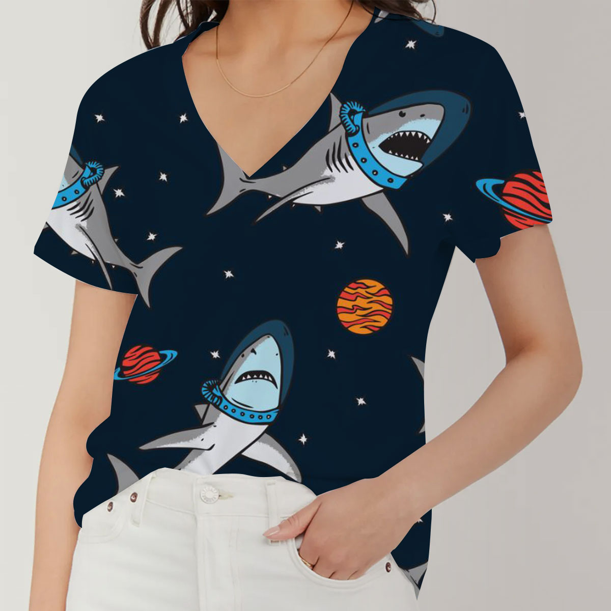 Astronaut Great White Shark V-Neck Women's T-Shirt