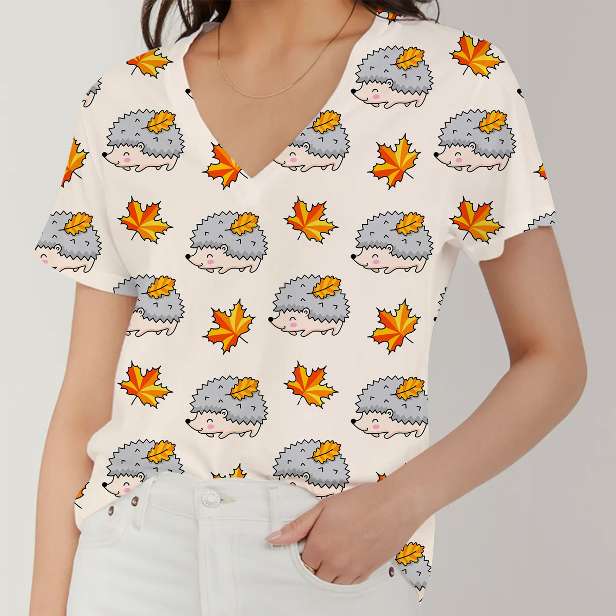 Autumn Leaf Hedgehog V-Neck Women's T-Shirt