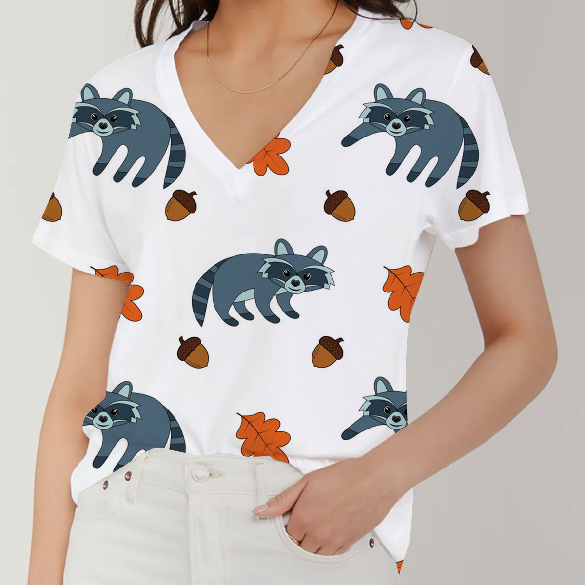 Autumn Leaf Raccoon V-Neck Women's T-Shirt