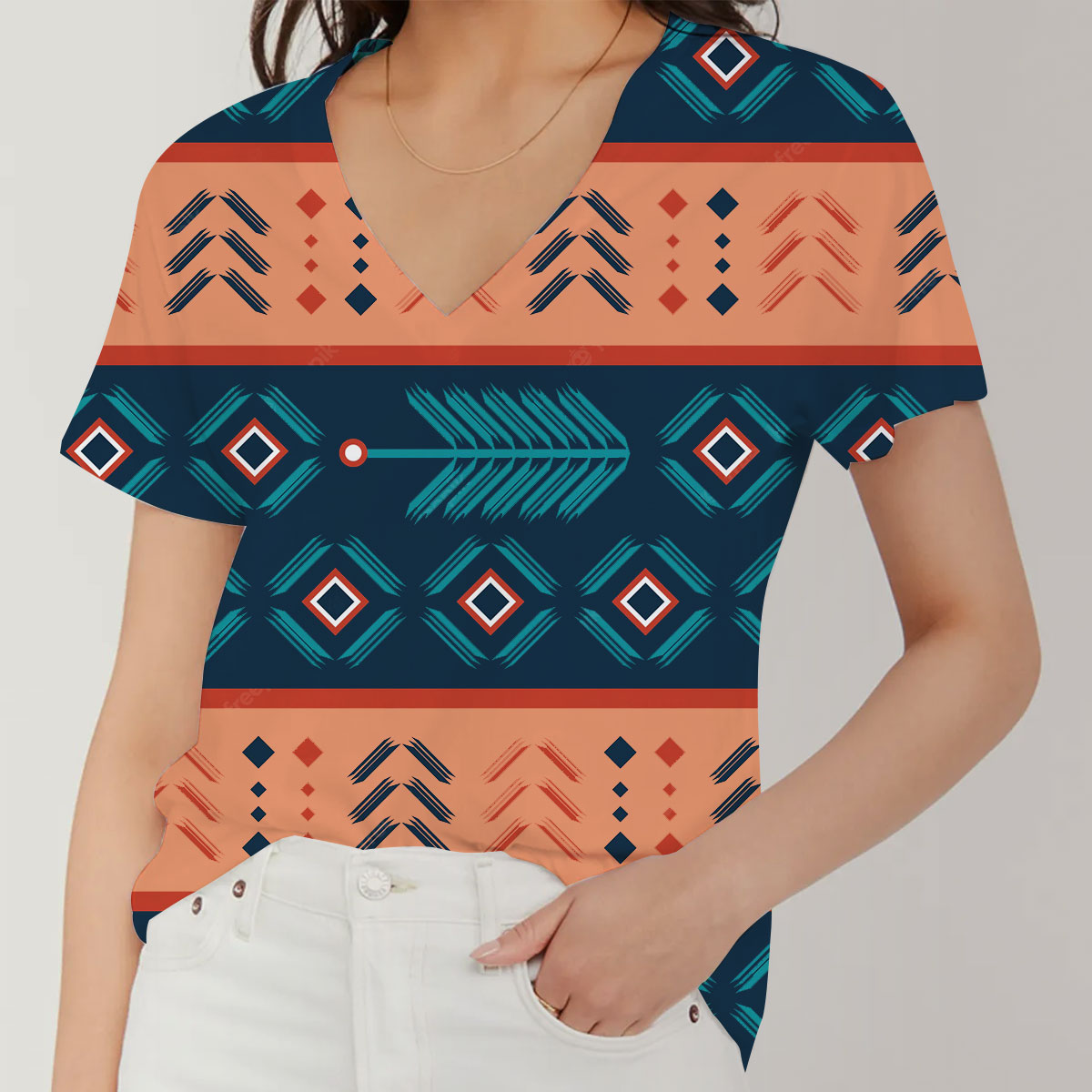 Aztec With Bohemian Stripes Abstract V-Neck Women's T-Shirt