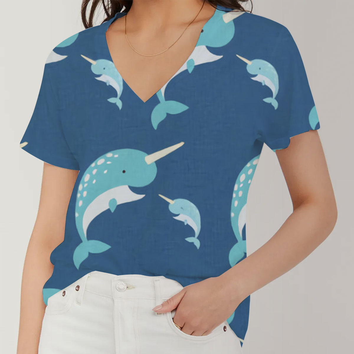 Big And Small Narwhal V-Neck Women's T-Shirt