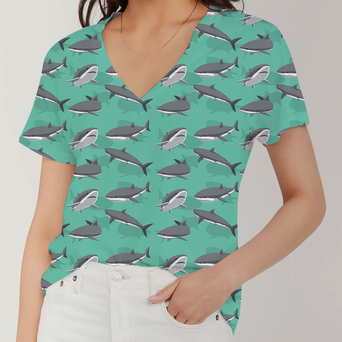 Big Great White Shark V-Neck Women's T-Shirt