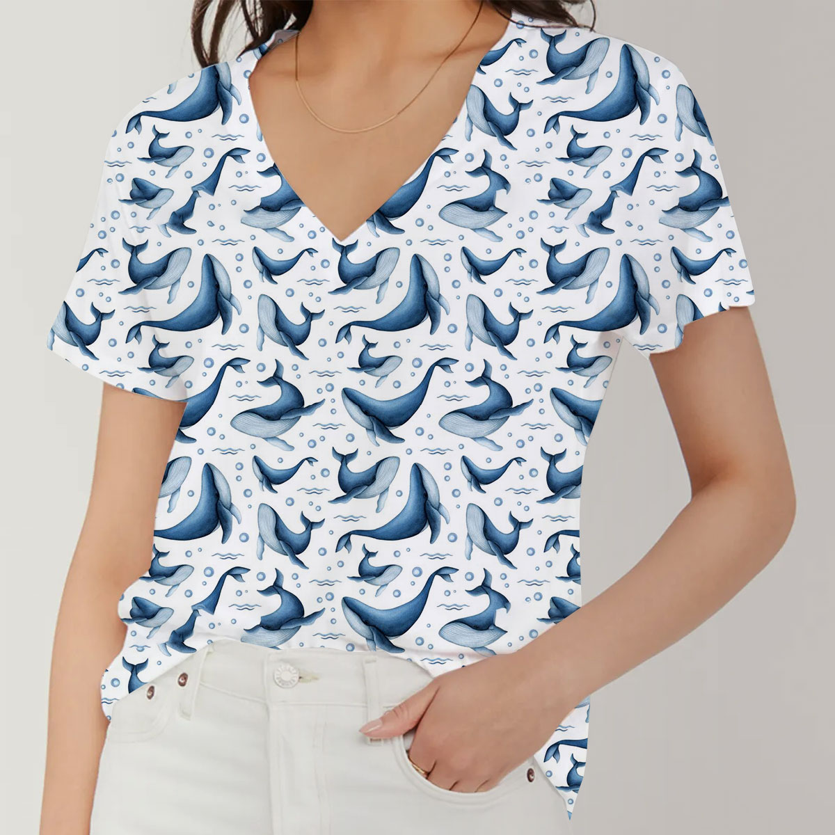 Big Small Blue Whale V-Neck Women's T-Shirt