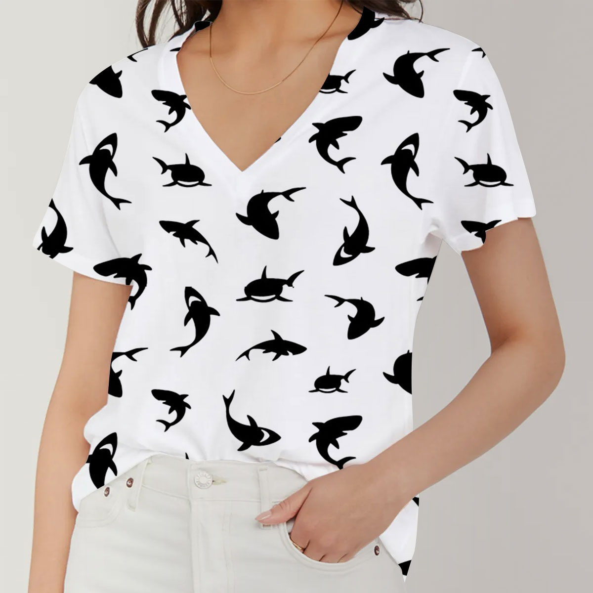 Black Great White Shark On White V-Neck Women's T-Shirt