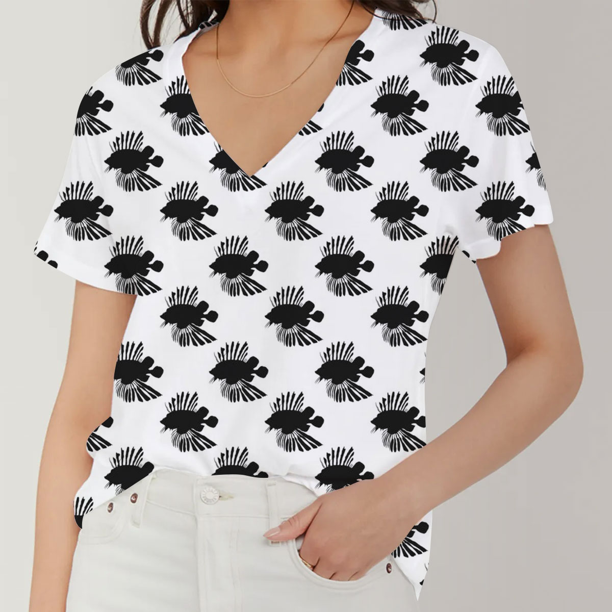 Black Lionfish On White V-Neck Women's T-Shirt