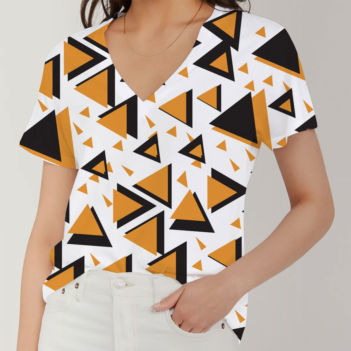 Black Orange Minimalist With Geometric Shapes V-Neck Women's T-Shirt