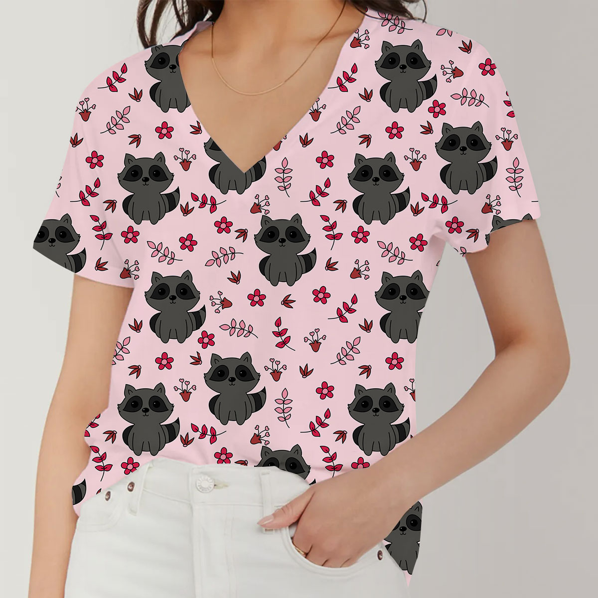 Black Raccoon Pink V-Neck Women's T-Shirt