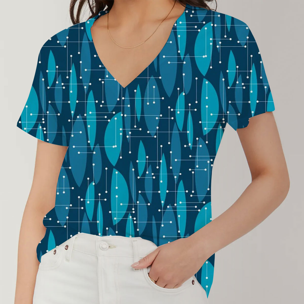 Blue Color Abstract Mid Century V-Neck Women's T-Shirt