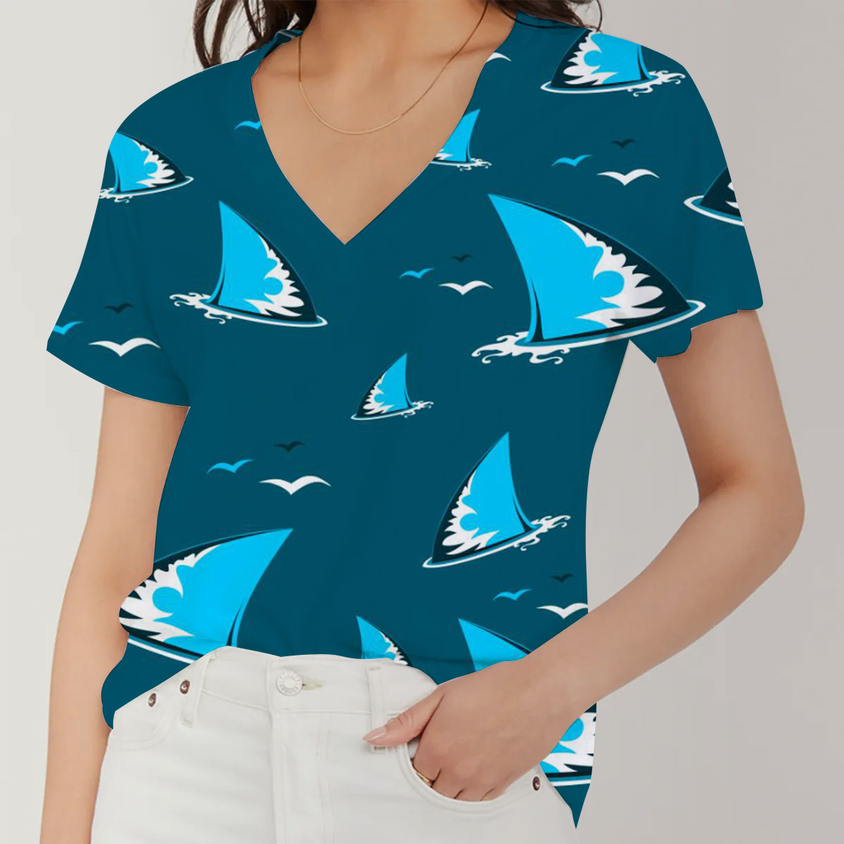 Blue Great White Shark Fin V-Neck Women's T-Shirt