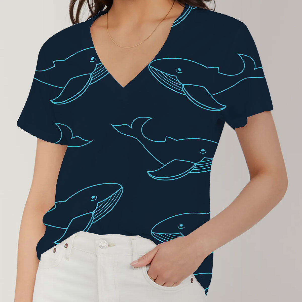 Blue Light Blue Whale V-Neck Women's T-Shirt