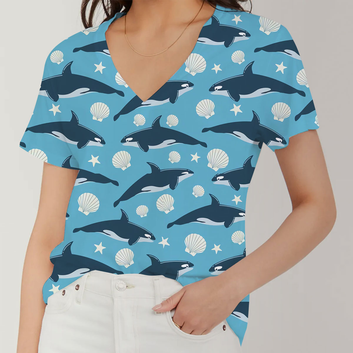 Blue Star Orca Monogram V-Neck Women's T-Shirt