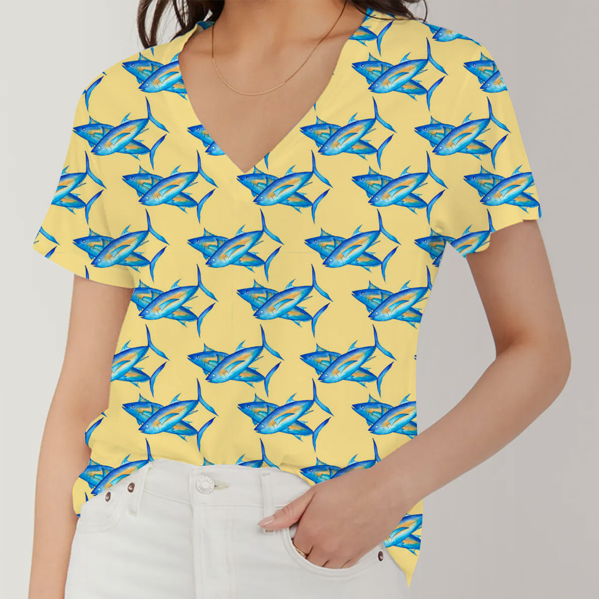 Blue Tuna Fish On Yellow Monogram V-Neck Women's T-Shirt