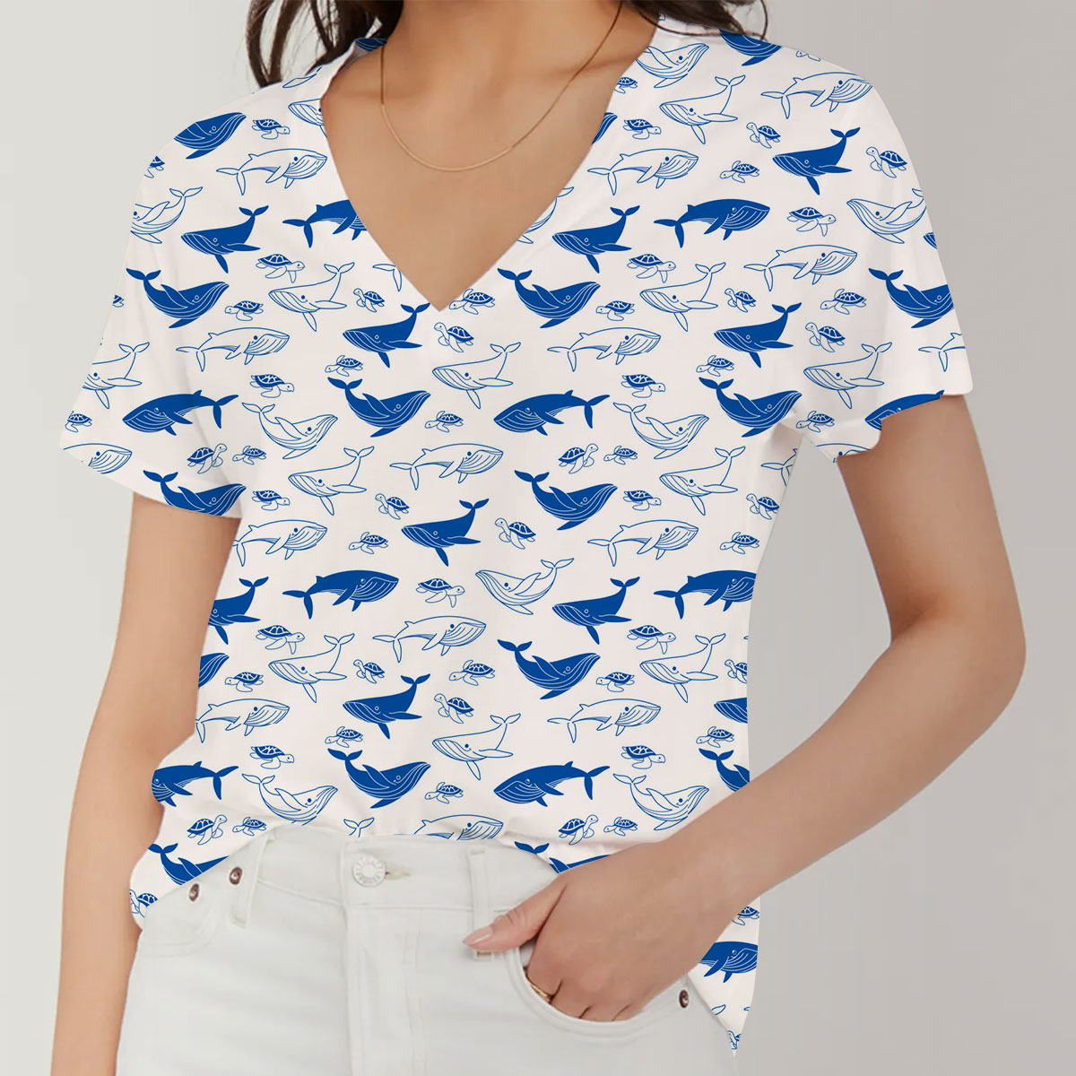 Blue Whale And White V-Neck Women's T-Shirt