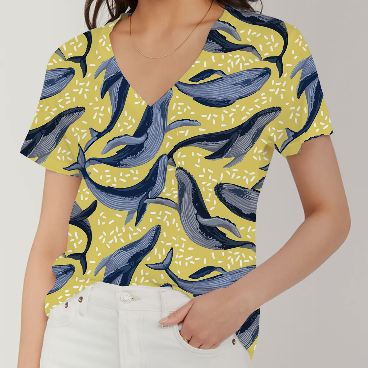 Blue Whale On Yellow V-Neck Women's T-Shirt