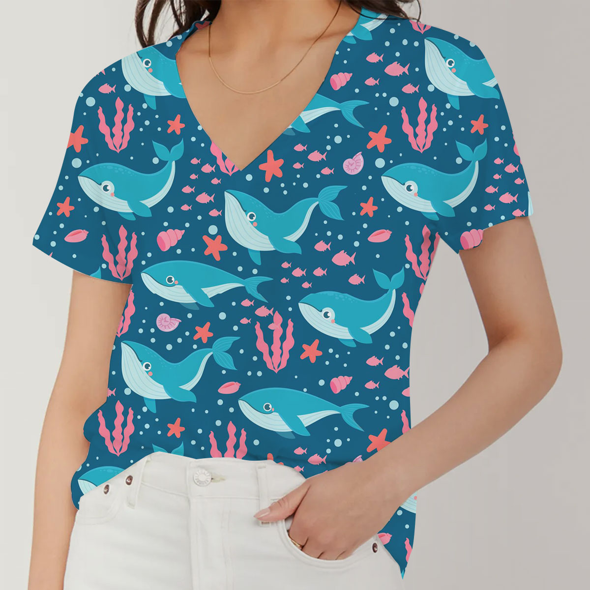Blue Whale Pink Fish V-Neck Women's T-Shirt