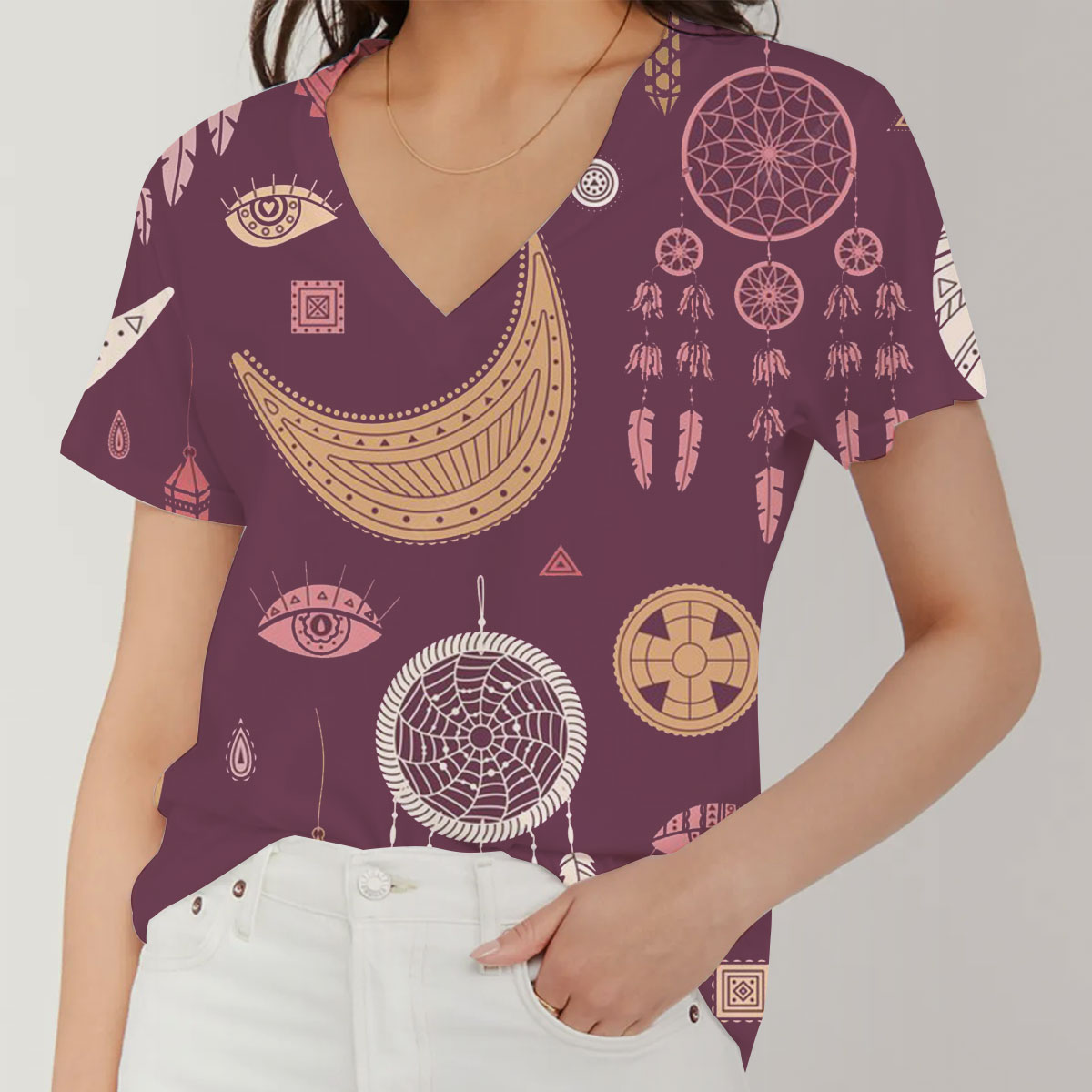 Bohemian With Dreamcatcher And Moon V-Neck Women's T-Shirt