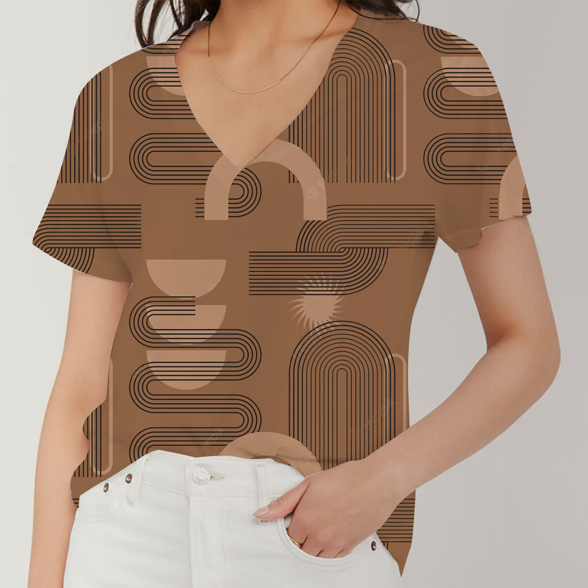 Brown Abstract Minimalist V-Neck Women's T-Shirt