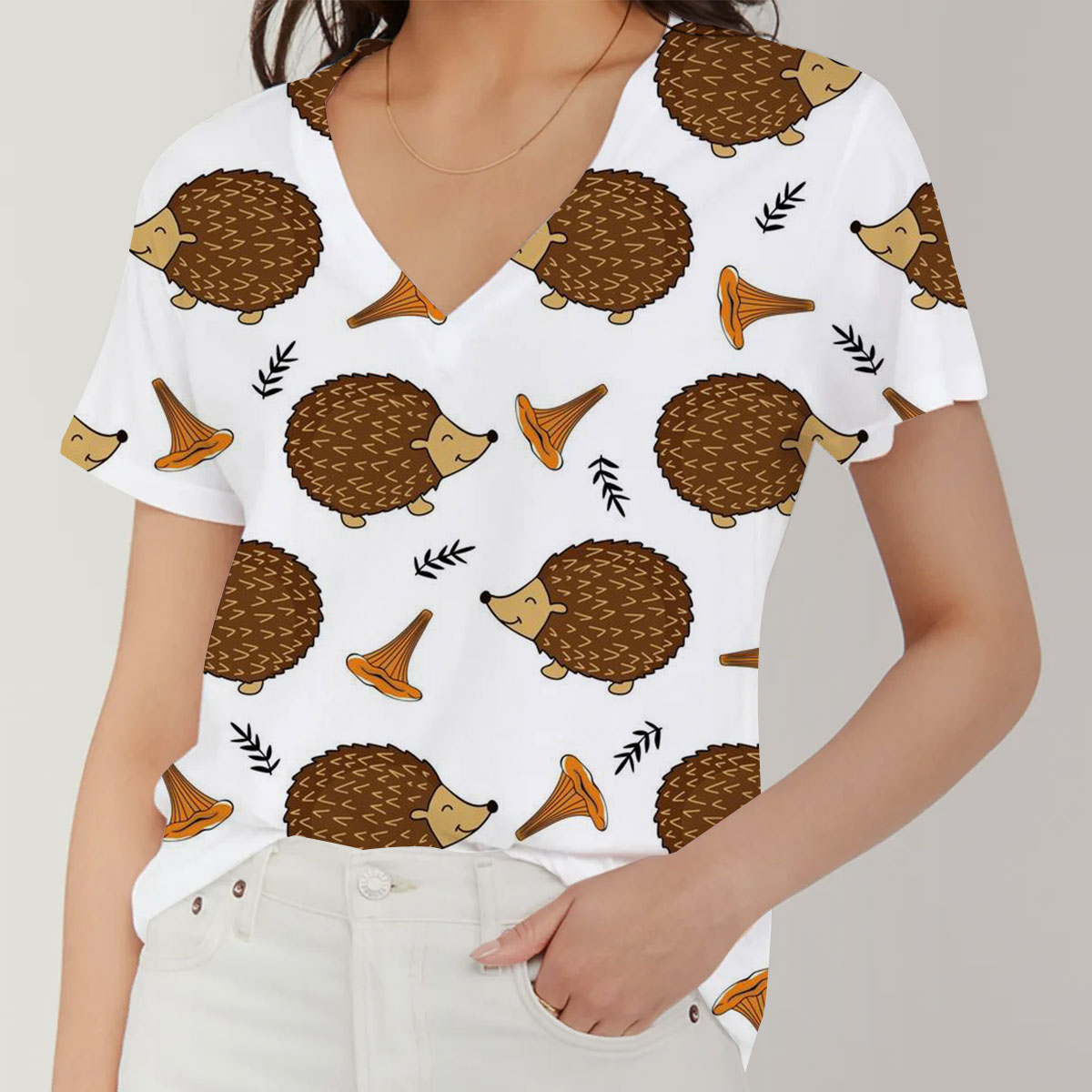 Brown Hedgehog V-Neck Women's T-Shirt