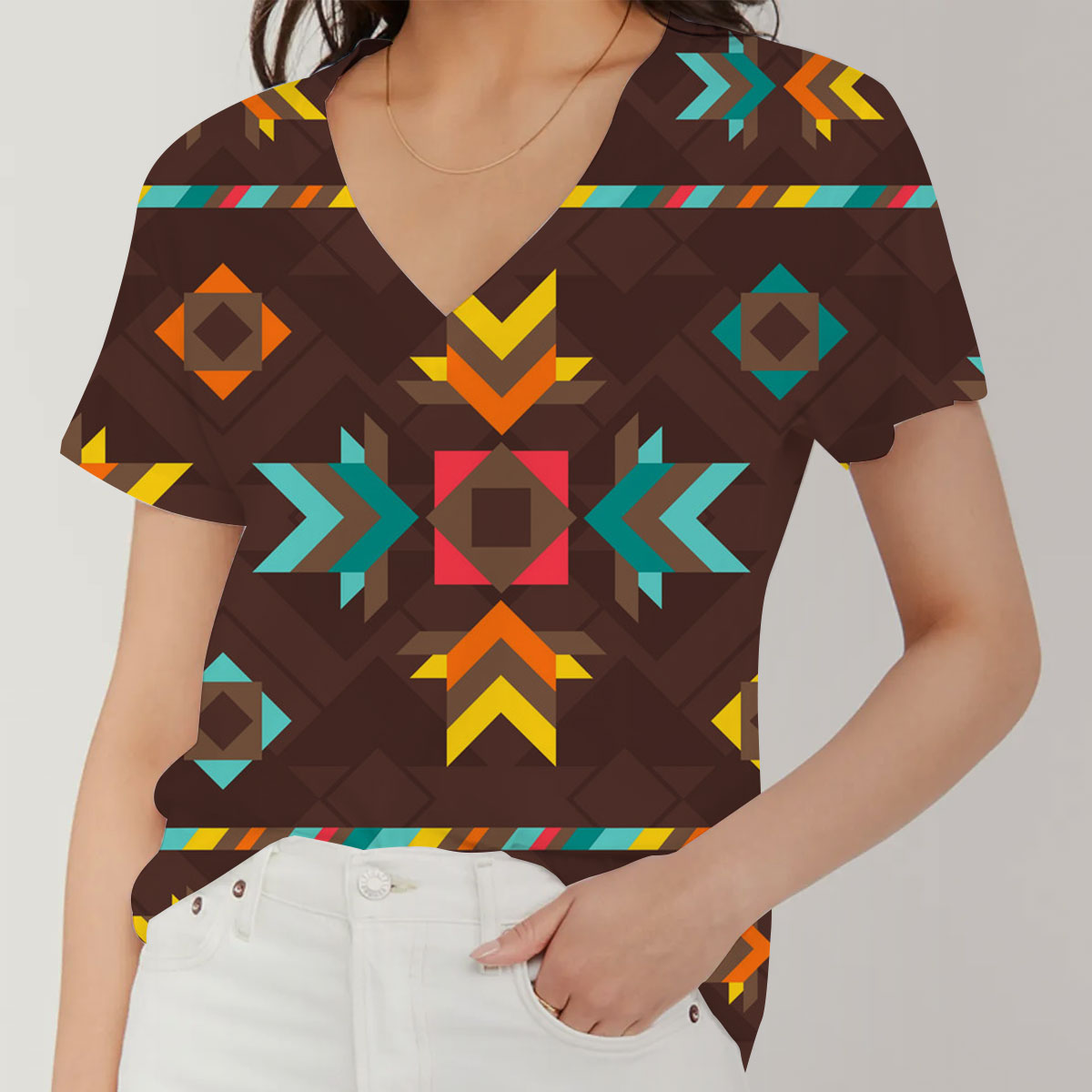 Brown Native American V-Neck Women's T-Shirt