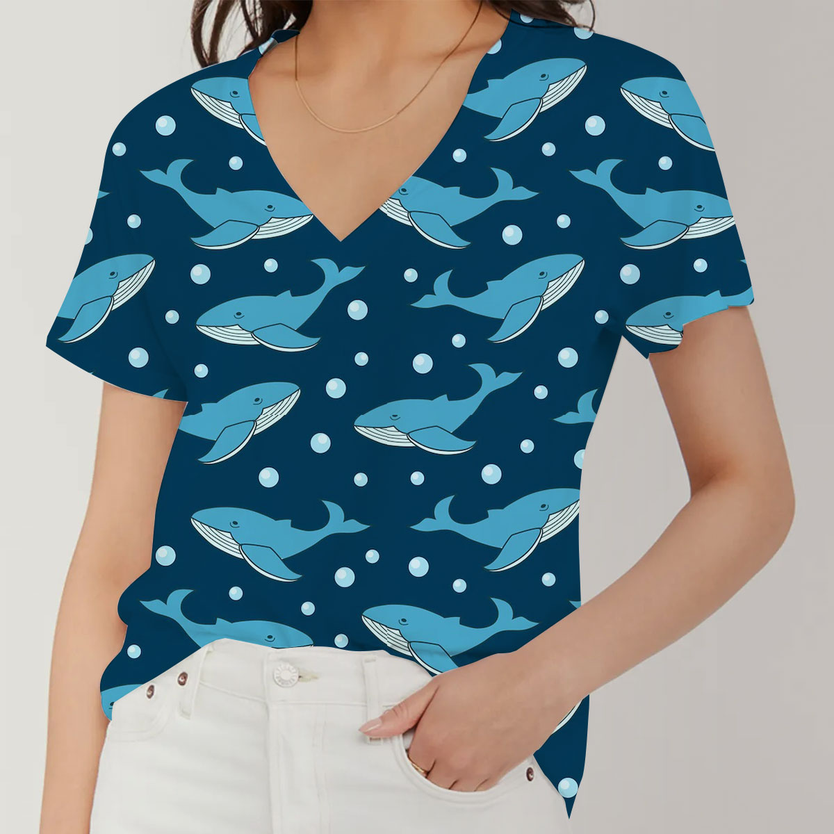 Bubble Blue Whale Monogram V-Neck Women's T-Shirt