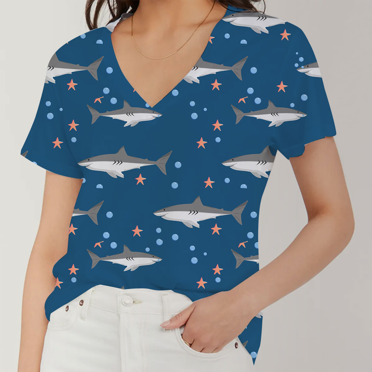 Bubble Star Great White Shark V-Neck Women's T-Shirt