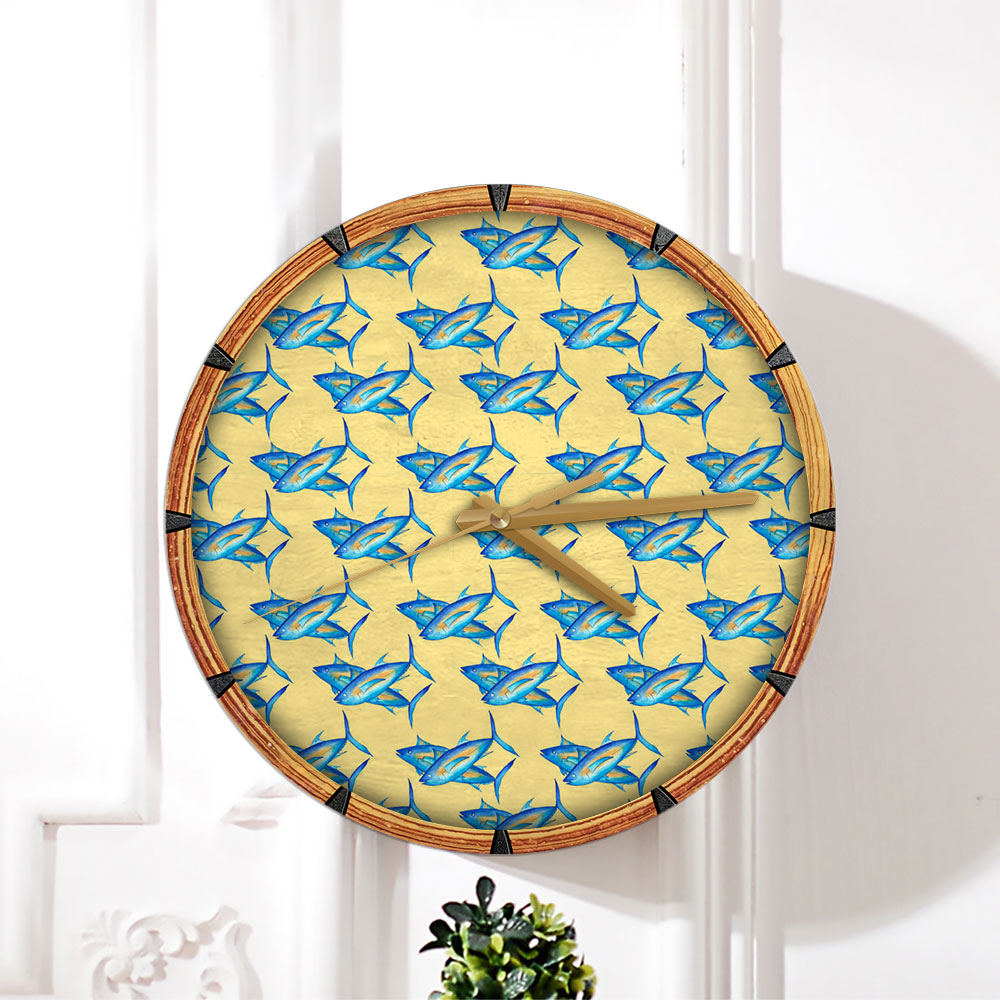 Blue Tuna Fish On Yellow Monogram Wall Clock