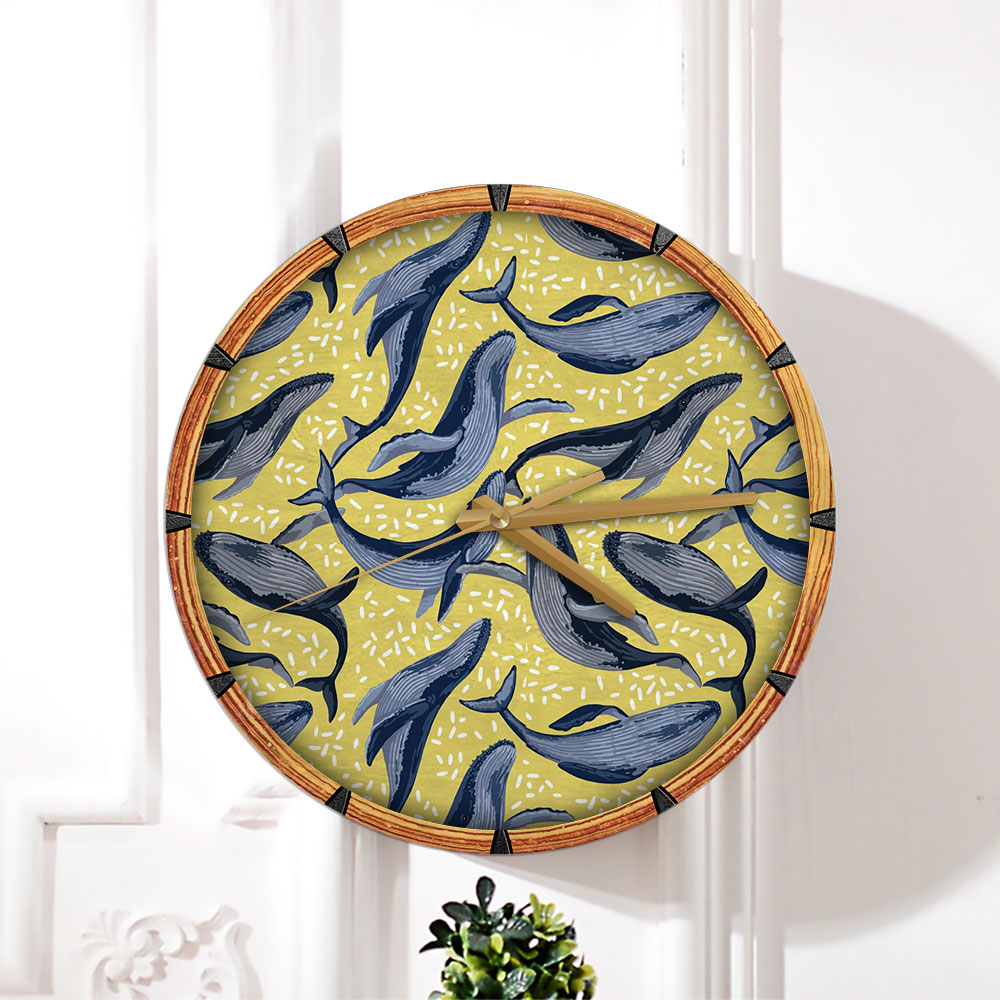 Blue Whale On Yellow Wall Clock