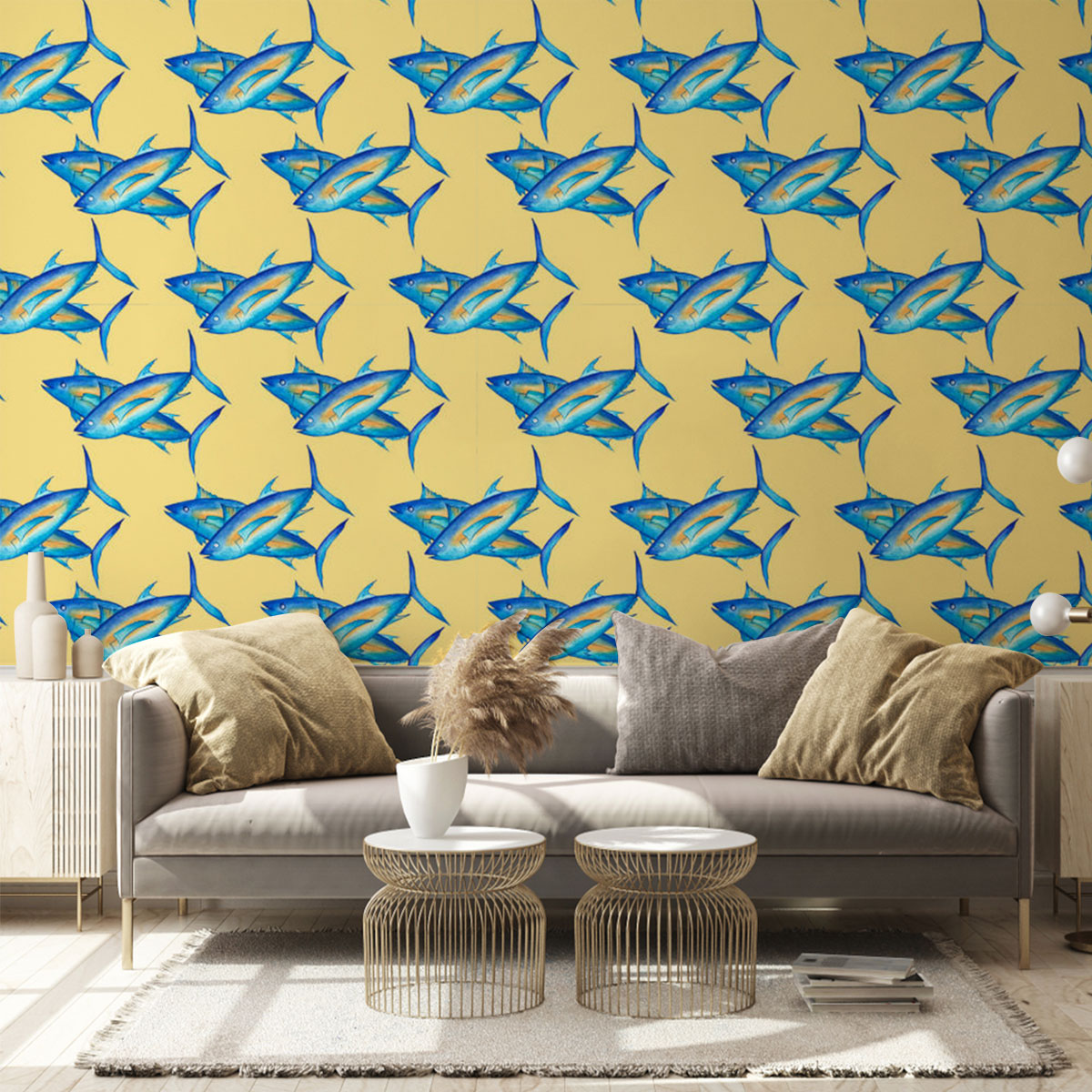 Blue Tuna Fish On Yellow Monogram Wall Mural