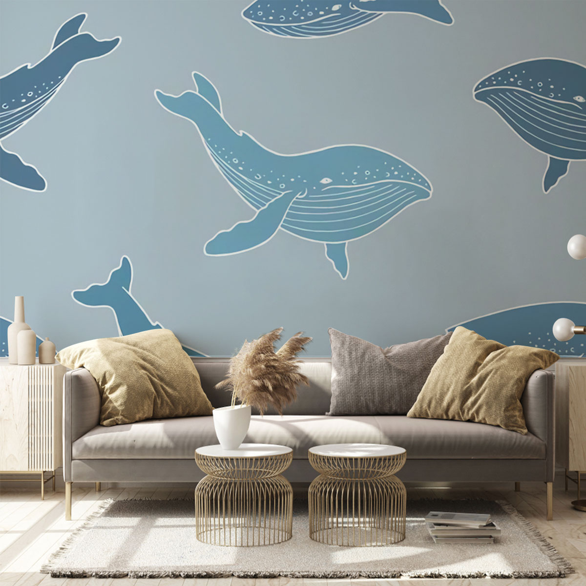 Blue Whale On Grey Wall Mural
