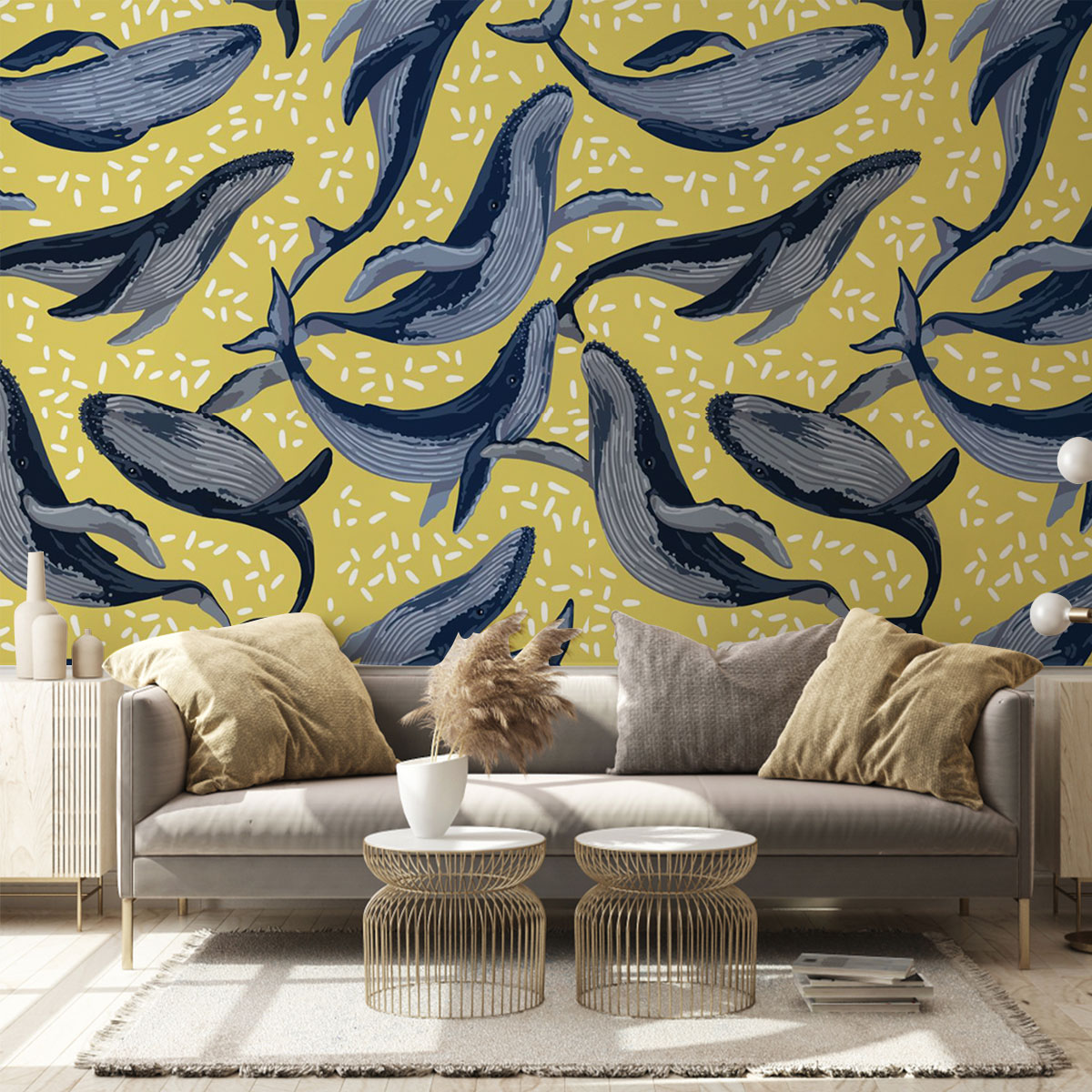 Blue Whale On Yellow Wall Mural