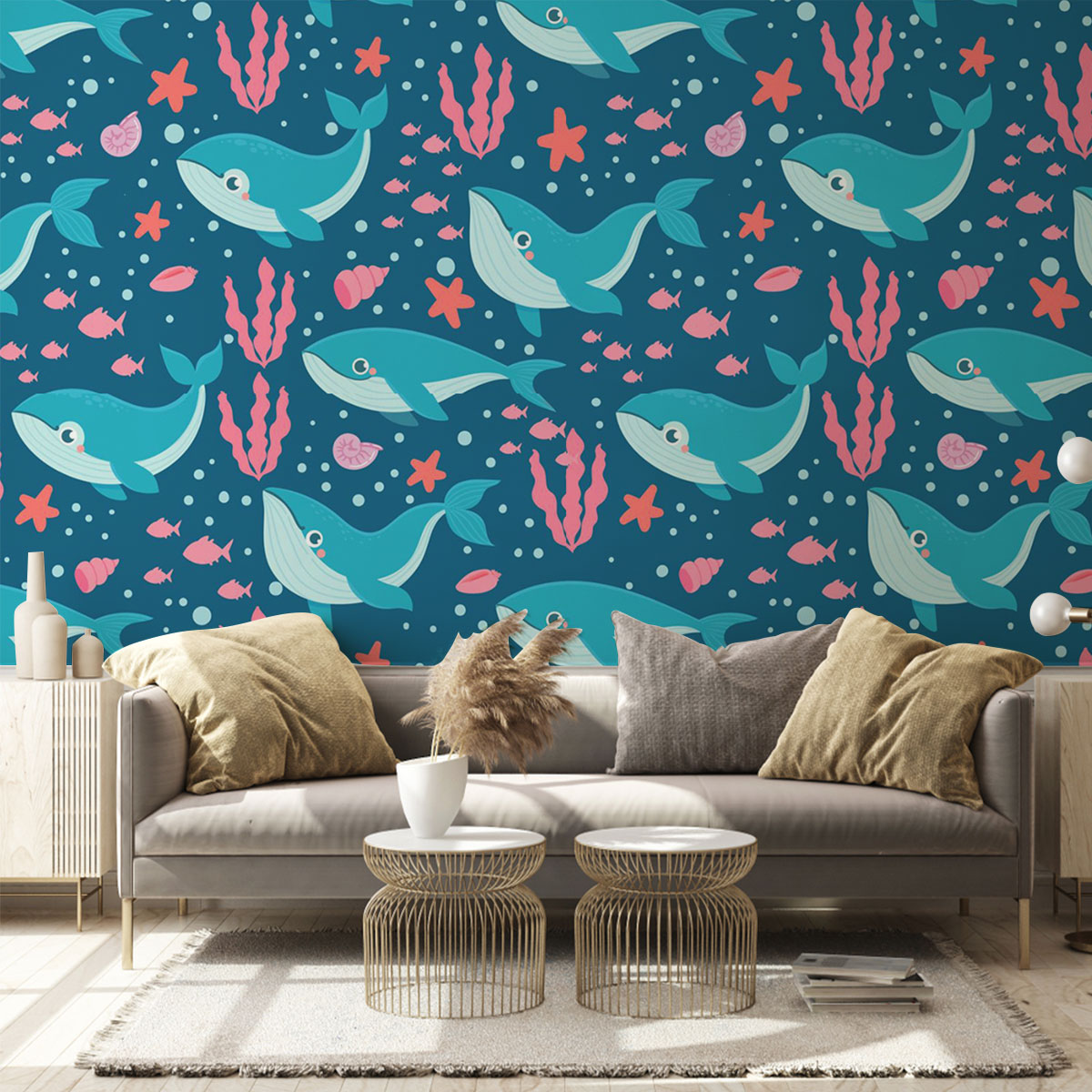 Blue Whale Pink Fish Wall Mural