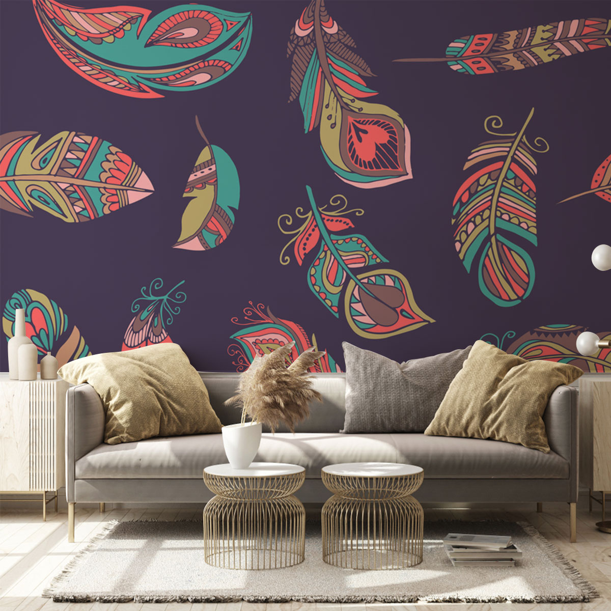 Bohemian Style Feathers On Dark Blue Wall Mural