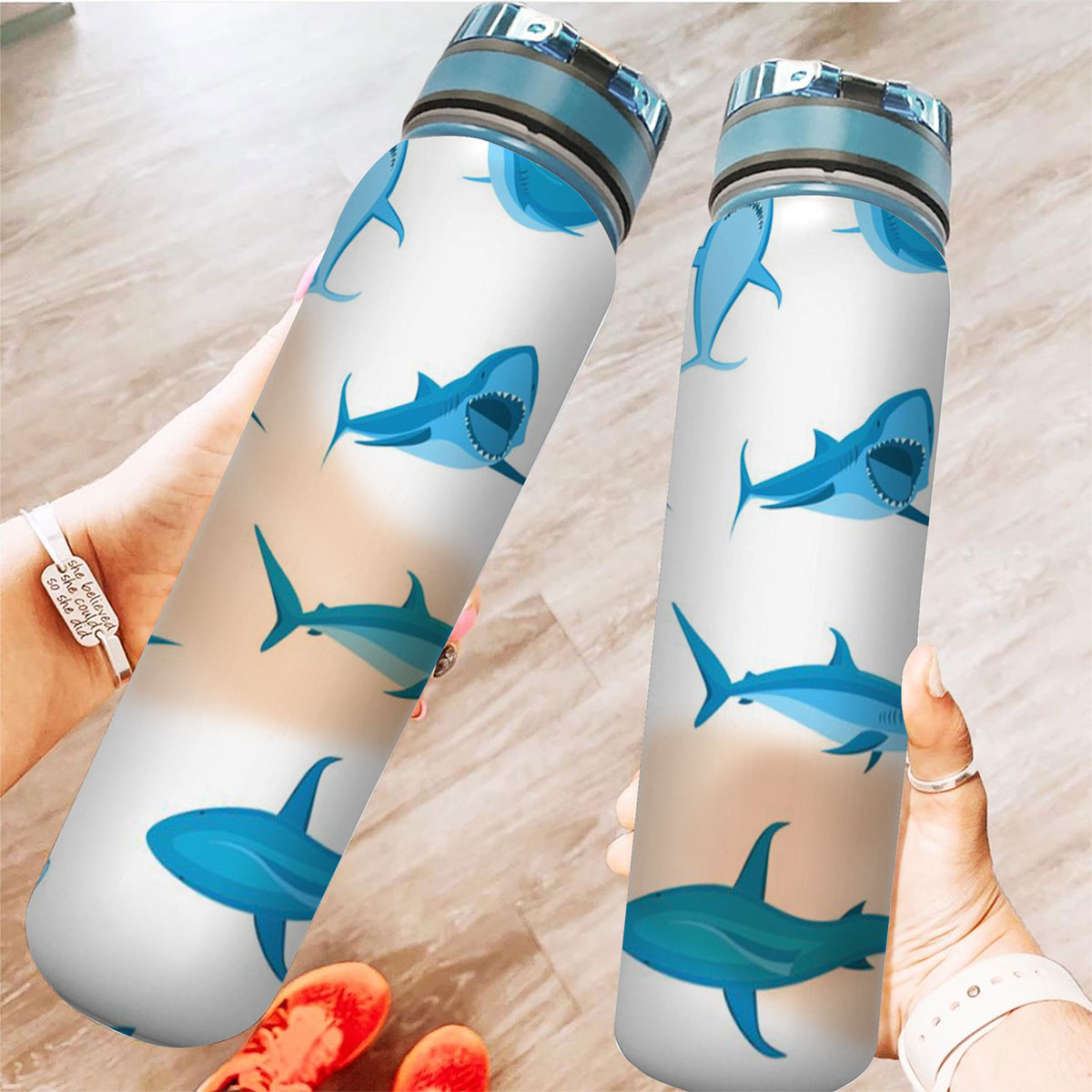 Blue Great White Shark On White Tracker Bottle