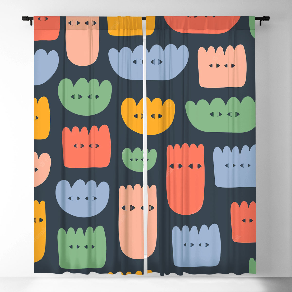 Abstract Minimal With Colorful Various Strange Flowers Window Curtain