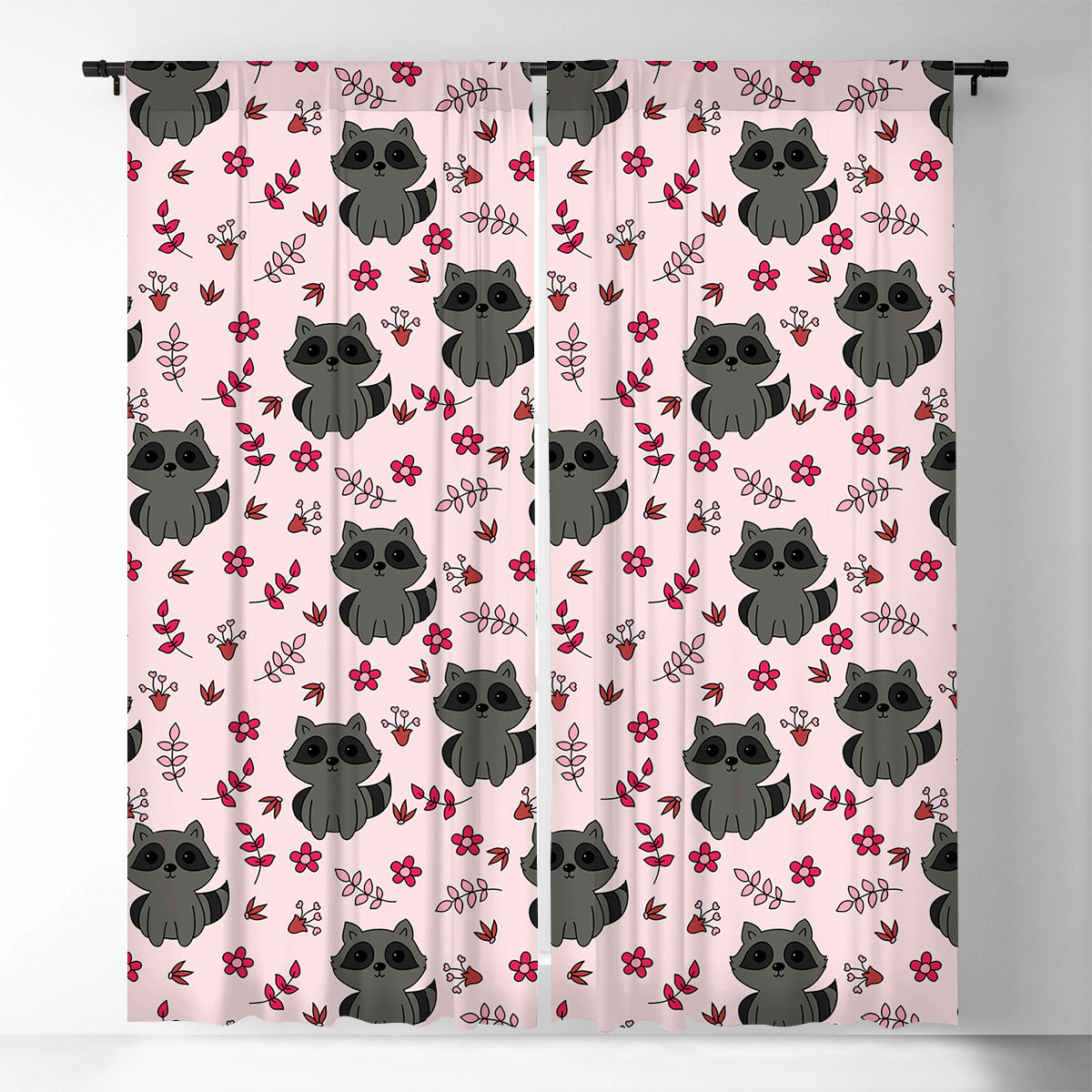 Black Raccoon Pink Window Curtain