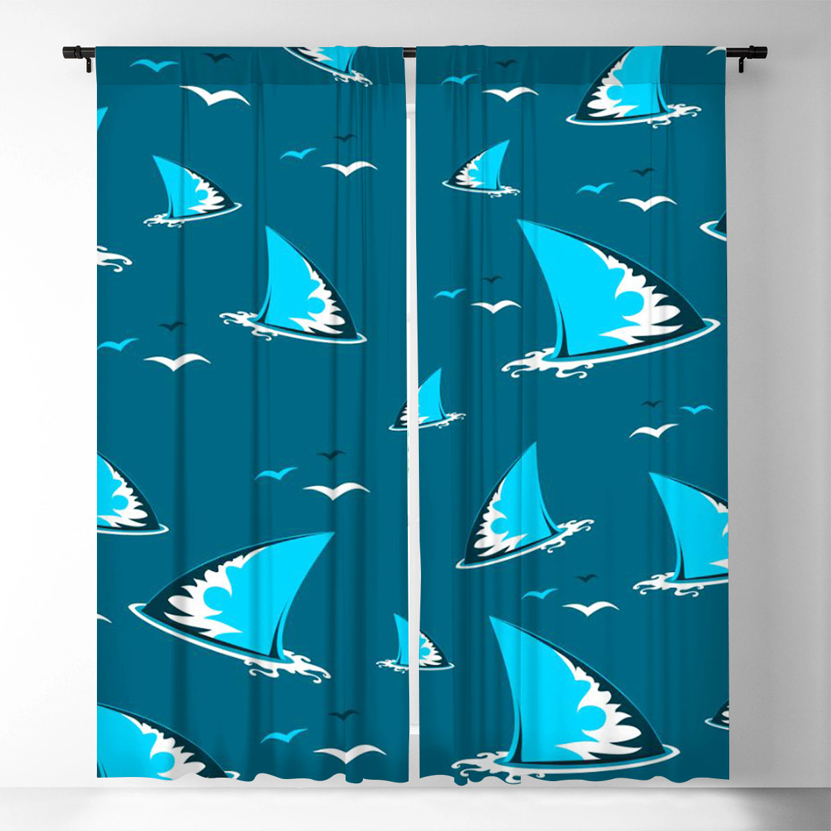 Blue Great White Shark Fin Window Curtain