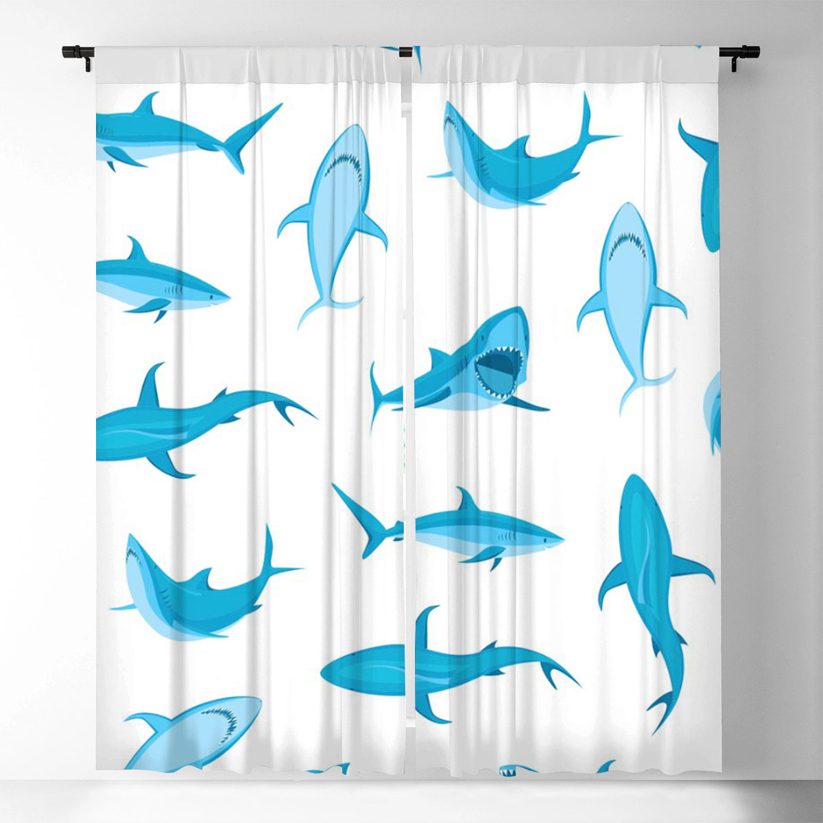 Blue Great White Shark On White Window Curtain
