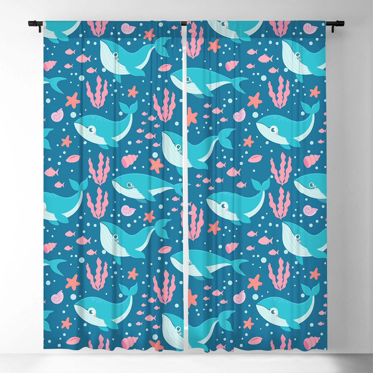 Blue Whale Pink Fish Window Curtain